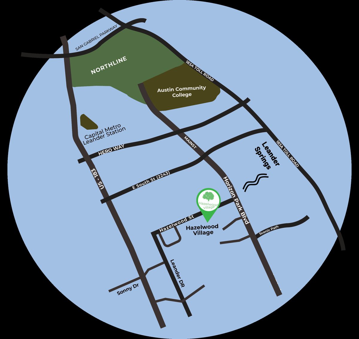 Map showing Hazelwood Village location in Leander, TX